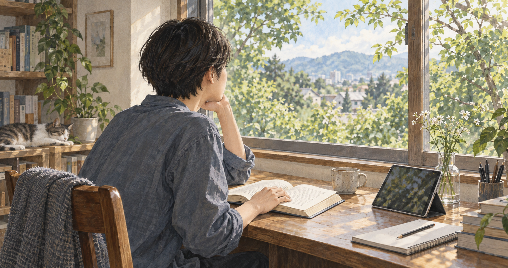 窓辺で開いた本に手を置き、外の緑を眺める人。机にはタブレットとノートが置かれている。
